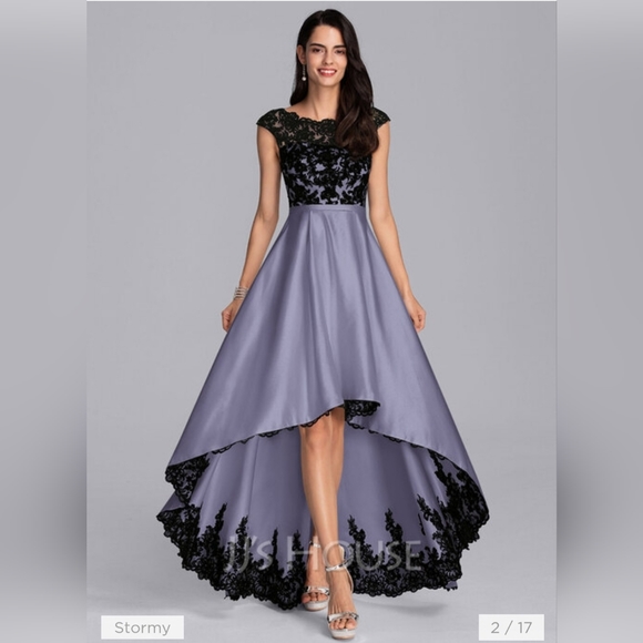 JJs House Dresses & Skirts - NWT A-line Scoop Illusion Asymmetrical Lace Satin Evening Dress